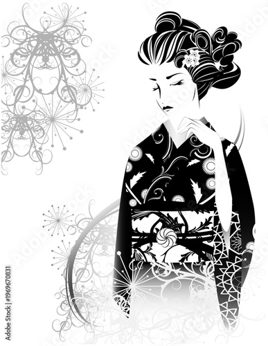 女性の顔、日本髪、着物