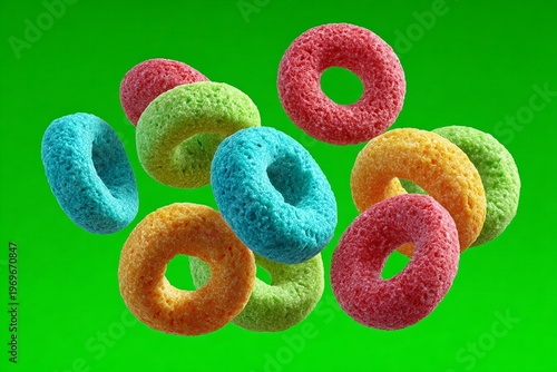 round, colorful cereals levitating on a green background