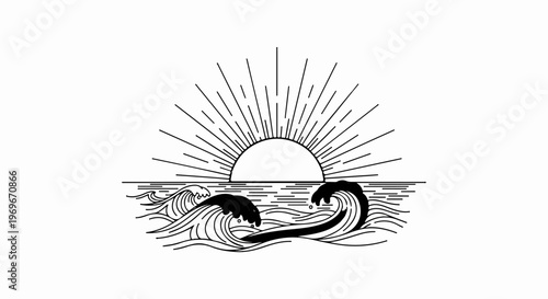 Sunrise over ocean with cresting waves and a surfboard