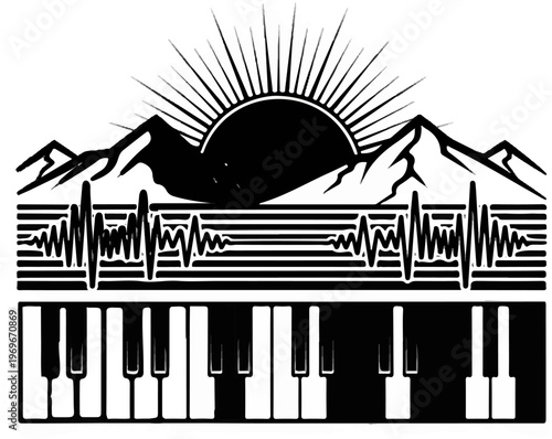 Sunrise over mountains with sound waves and piano keys