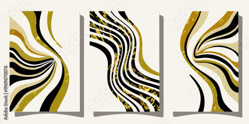 Abstract triptych featuring swirling black gold and white lines