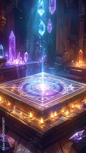 A luminous ritual chamber illuminated by crystalline formations, a central pedestal glows with magical energy, enhanced by candlelight