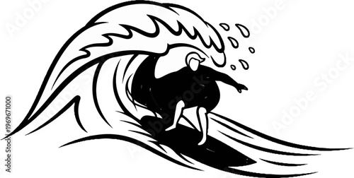Surfer riding a large breaking wave in a stylized black and white illustration