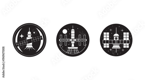 Space station icons with satellites and stars in circles  space exploration symbols