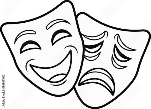 Theater masks representing joy and sorrow in an artistic black and white drawing