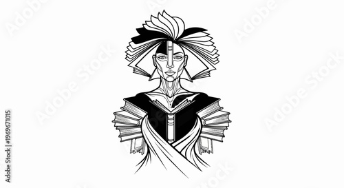 Surreal figure with flowing robes, adorned with open books forming hair and clothing