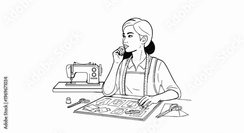 Thoughtful designer reviews fashion sketches next to sewing machine and tools