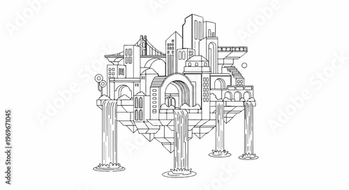 Surreal floating city with waterfalls cascading from its foundations