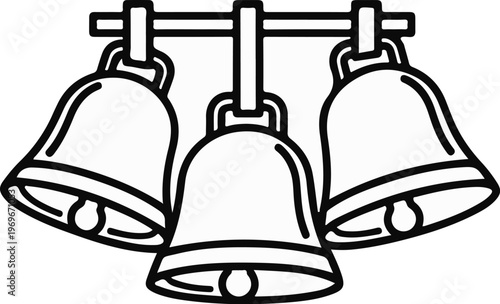 Three bells hanging on a metal bar, depicted in black and white outline