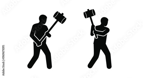 Two men wielding hammers in black a distinctive silhouette on transparent background
