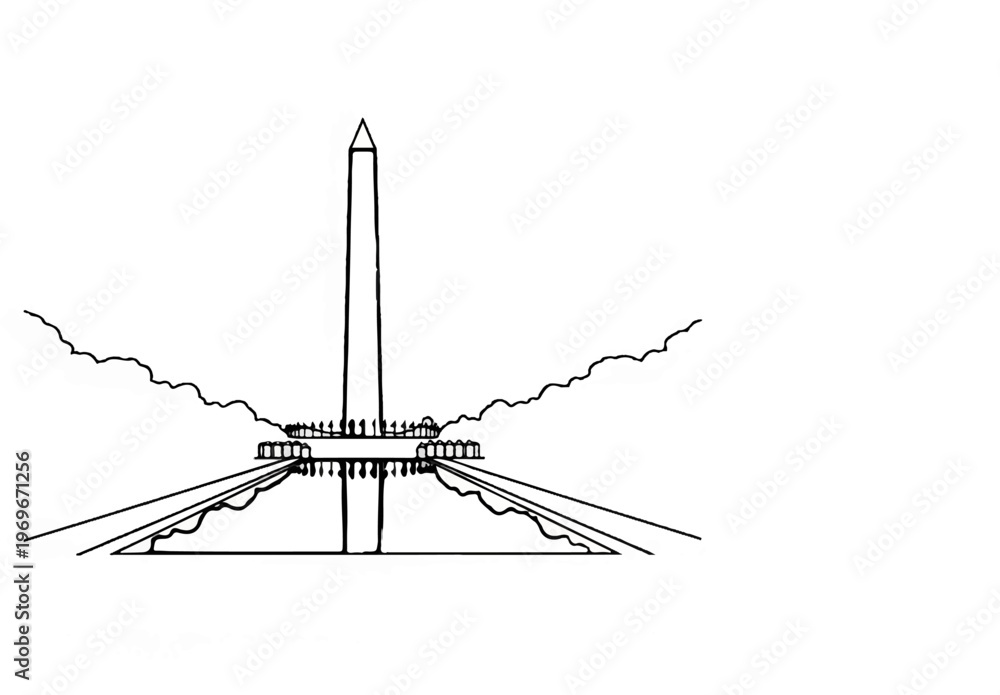 Fototapeta premium Tall obelisk monument with symmetrical base, pathways, and stylized clouds
