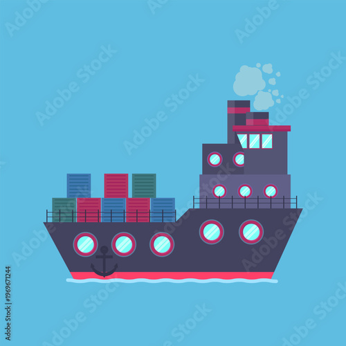 Cargo Ship with Containers Flat Illustration