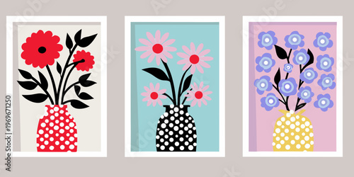 Three framed floral prints with bold colors and simple botanical designs