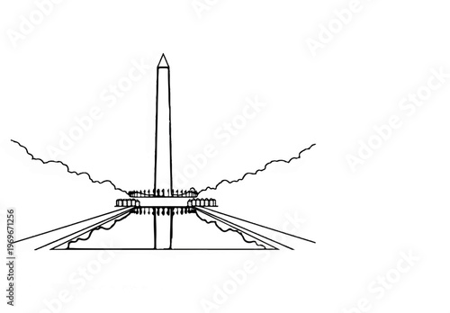 Tall obelisk monument with symmetrical base, pathways, and stylized clouds