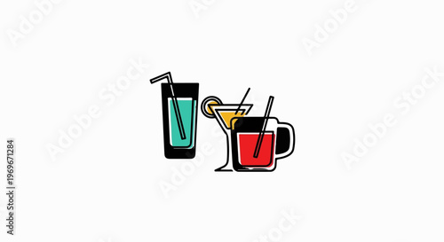 Three colorful drinks in glasses with straws on a white background