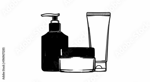 Three containers of personal care products, sketch style