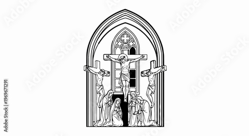 Three crucifixions with onlookers below a gothic arch window