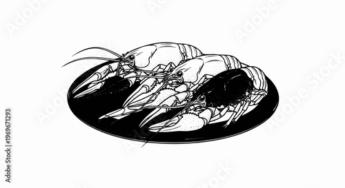 Three crawfish artfully arranged on a black plate