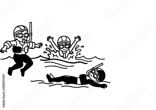 Three cartoon characters enjoying water activities like swimming and snorkeling