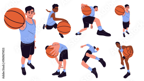 Flat vector set of basketball players in different poses performing dribbling, holding, and movement actions. Ideal for sports concepts, training, competition, active lifestyle, and recreational 
