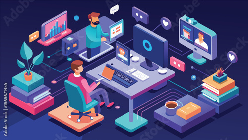 Workers engage in remote tasks using computers and technology in a modern workspace during the day