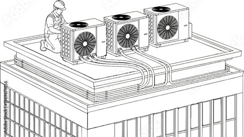 Technician installs outdoor units on a building rooftop, connected by tubes