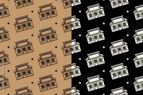 Western shop with sparkle retro seamless pattern on tan black background set for merchandise. Old west building vintage pattern background. Frontier building hand drawn repeat motif wallpaper