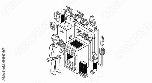 Technician works on a boiler and appliance system with pipes and valves