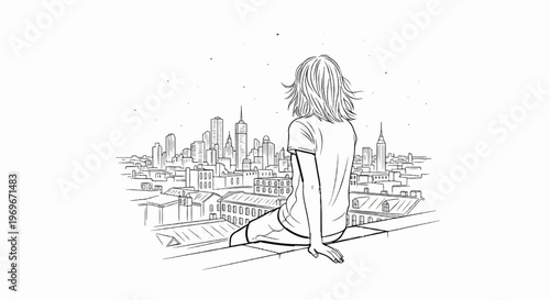 Teenager observes a city skyline from a rooftop at night