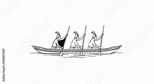 Three figures in traditional attire paddle a narrow boat