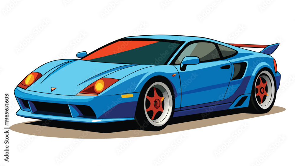 Naklejka premium Bright blue sports car with orange accents parked on a flat surface with no background details showing