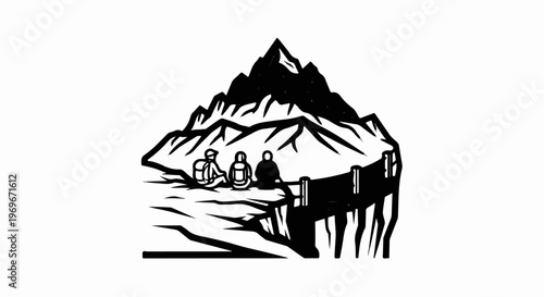 Three hikers take a break on a cliff edge, enjoying a vast mountain vista