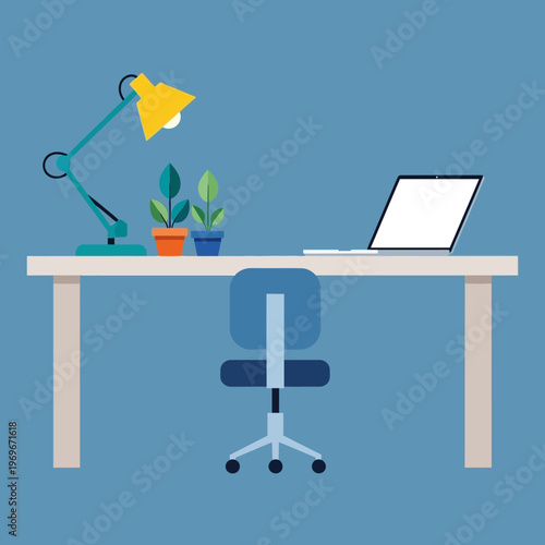 Modern home office desk with laptop, desk lamp, and plants, minimalist workspace