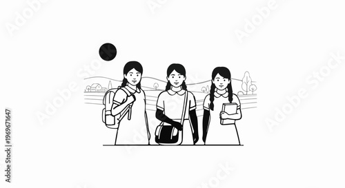 Three young girls with backpacks and books walk past a rural landscape