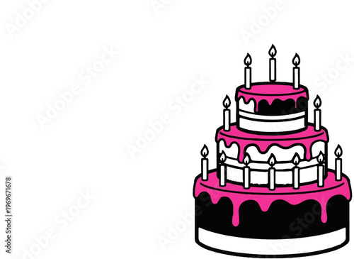 Three-tiered cake with pink frosting and lit candles