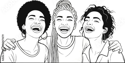 Three young women of diverse hair textures share a joyful laugh and embrace