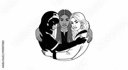 Three women of diverse backgrounds embracing warmly