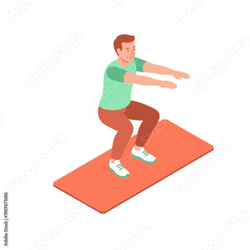A man is doing squats on a mat in a fitness environment.