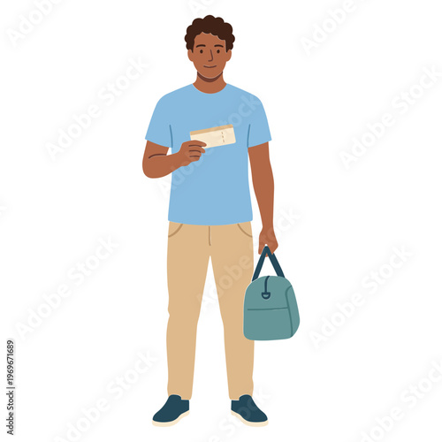 A man in casual clothes holds a letter and a bag standing indoors.