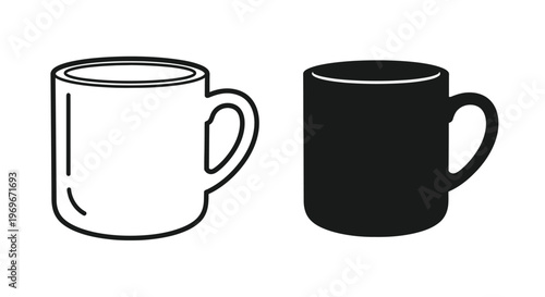 Two coffee mugs one outlined and one solid on transparent background silhouette