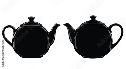 Two black teapots in different views on transparent background silhouette