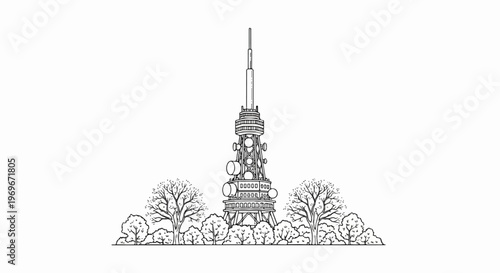 Tower with antennas and trees, line drawing