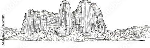 Towering rock formations with layered strata rise majestically from arid terrain