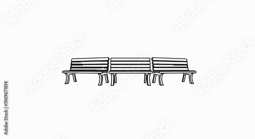 Three outdoor benches lined up on a white background, simple line drawing
