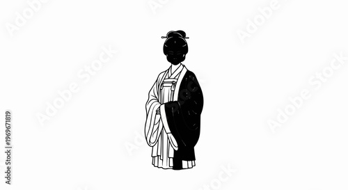 Traditional Asian figure in contrasting black and white robes