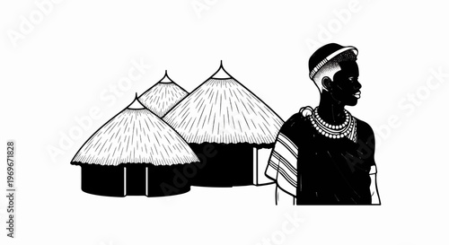 Traditional African dwelling and man in attire