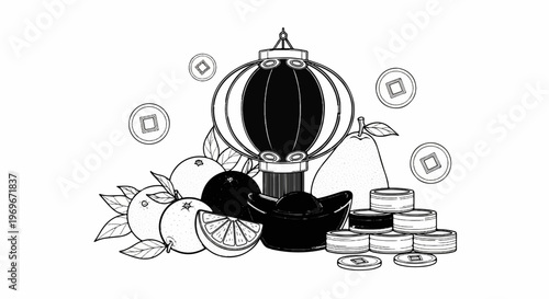 Traditional Chinese New Year symbols lantern, oranges, coins, and ingots