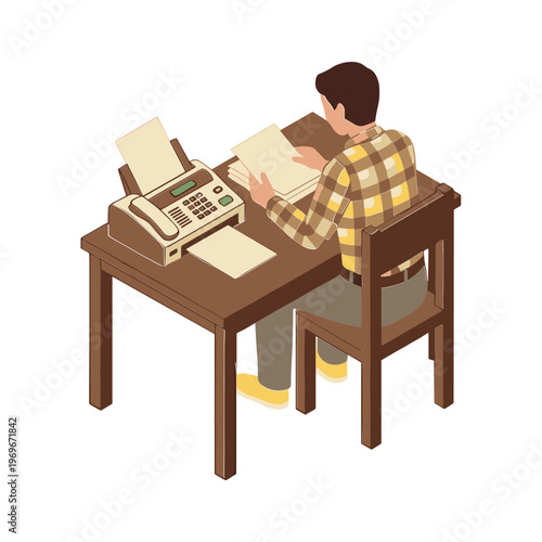 Man sitting at desk typing on typewriter with papers