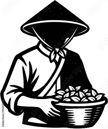Traditional farmer in conical hat holding basket of harvested crops