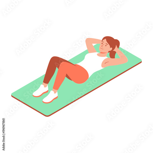 Woman performs crunches on a green exercise mat in a fitness setting.